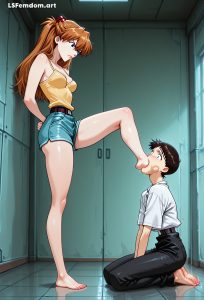 Asuka Forcefully Puts Her Foot in Shinji's Mouth - Foot Gagging Femdom Art